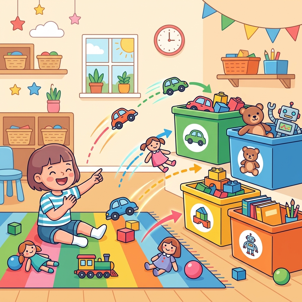 Ilustración de la guía: Cómo organizar los juguetes para que recojan solos